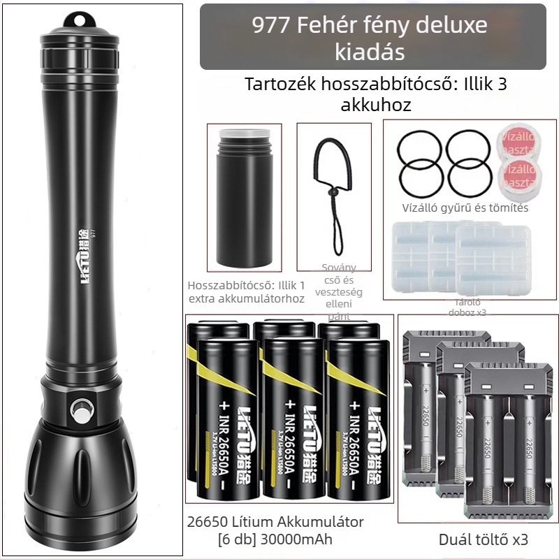 Búvár zseblámpa – alumíniumötvözet test, LED fényforrás, 7200 mAh akkumulátor, hatótávolság akár 500 m, többfunkciós