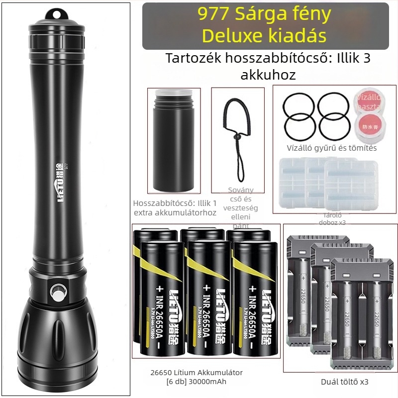 Búvár zseblámpa – alumíniumötvözet test, LED fényforrás, 7200 mAh akkumulátor, hatótávolság akár 500 m, többfunkciós