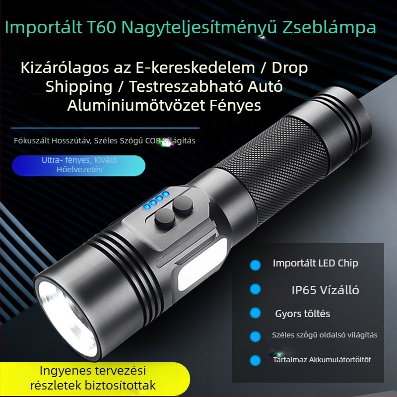 Alumíniumötvözetes elemlámpa, teljesítmény kijelző, USB újratöltés, SST40 LED, hatótávolság ≥500 m