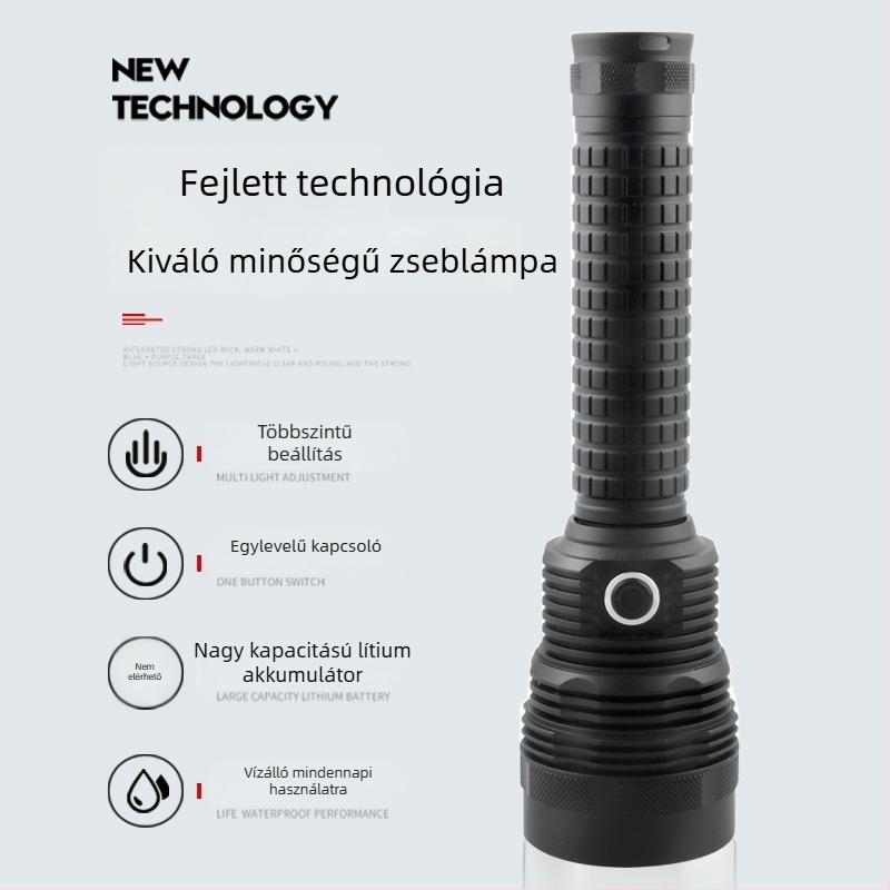 Alumíniumötvözetes elemlámpa, teljesítmény kijelző, USB újratöltés, SST40 LED, hatótávolság ≥500 m