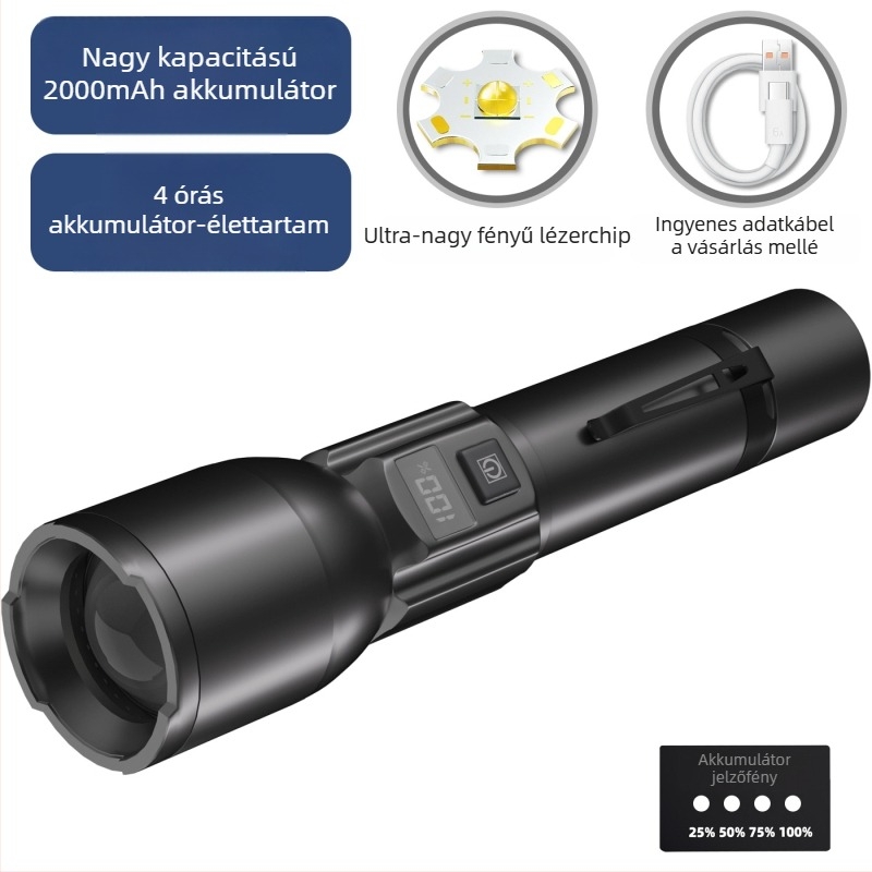 Alumíniumötvözetes elemlámpa, teljesítmény kijelző, USB újratöltés, SST40 LED, hatótávolság ≥500 m