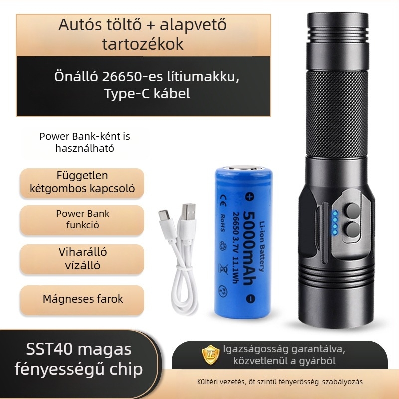 Alumíniumötvözetes elemlámpa, teljesítmény kijelző, USB újratöltés, SST40 LED, hatótávolság ≥500 m