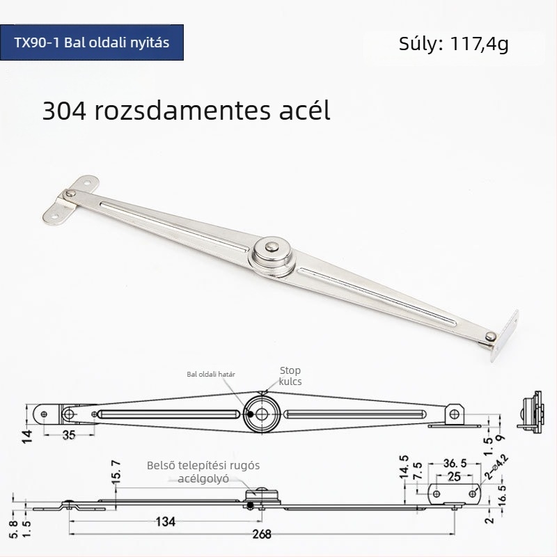 Szekrényajtó korlátozó, modell Tx90-2, rozsdamentes acél, Gurui márka, modern minimalista stílus