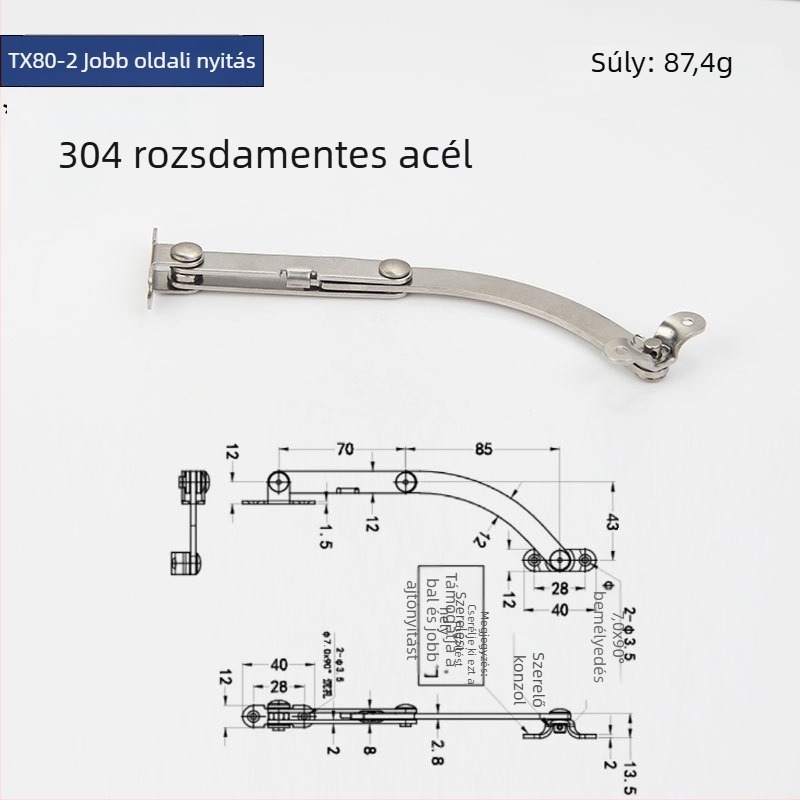 Szekrényajtó korlátozó, modell Tx90-2, rozsdamentes acél, Gurui márka, modern minimalista stílus