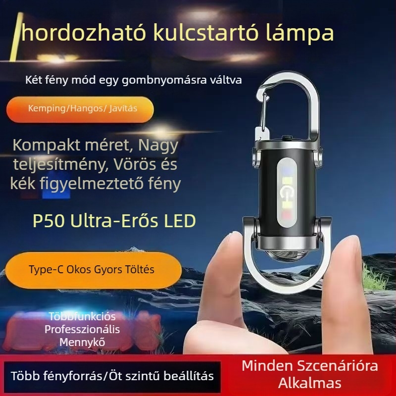 Multifunkcionális vízálló hordozható zseblámpa kulcstartóval, szilikon test, LED, újratölthető, kézzel hajtva