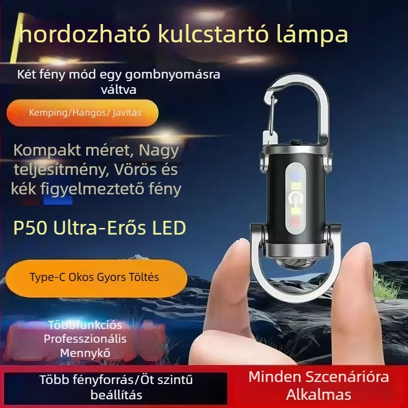 Multifunkcionális vízálló hordozható zseblámpa kulcstartóval, szilikon test, LED, újratölthető, kézzel hajtva