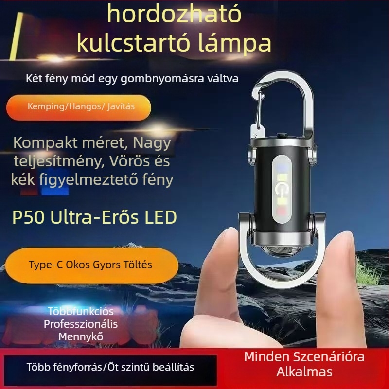 Multifunkcionális vízálló hordozható zseblámpa kulcstartóval, szilikon test, LED, újratölthető, kézzel hajtva