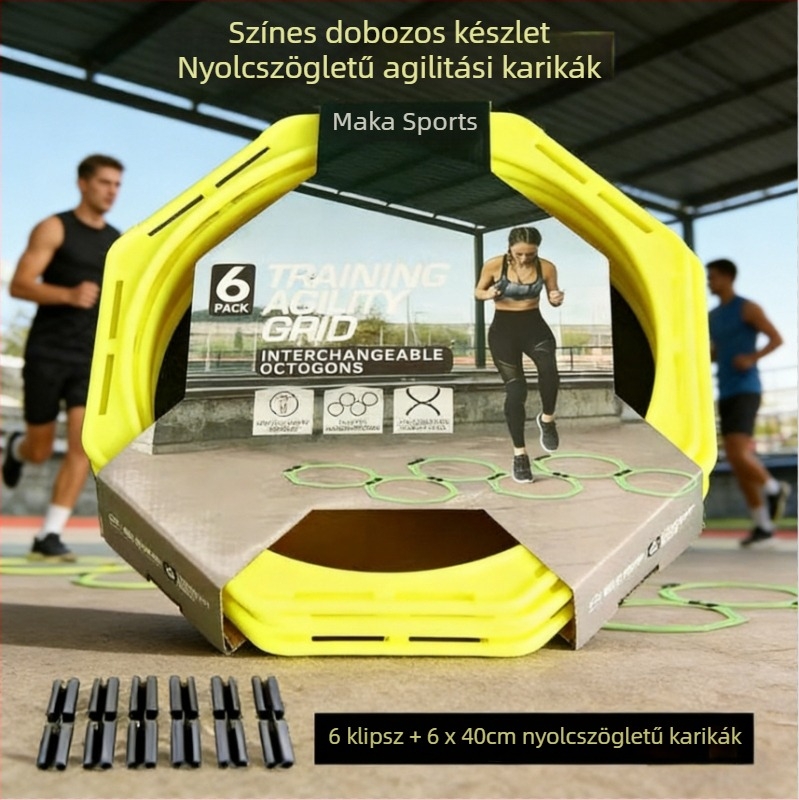 Nyolcszögletű agility-kör futball-edzésekhez, akadályokkal, létrával, edzőkör a fizikai felkészítéshez és szenzoros integrációhoz, kondíció-kör és hopscotch