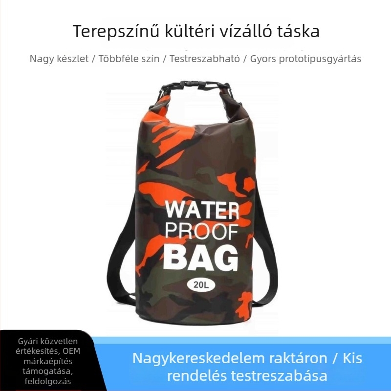 Kamufláz mintás vízálló száraz táska hordó alakú, könnyű poliészter Oxford anyagból, kültéri használatra egy- vagy két vállpánttal