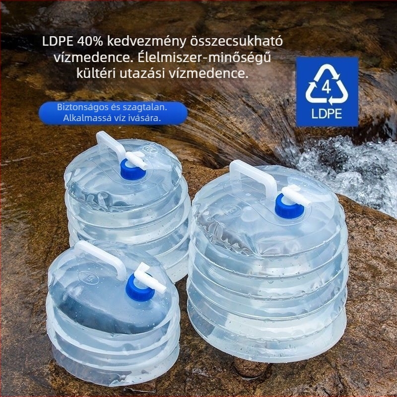 Összecsukható víztáska élelmiszer-minőségű PVC-ből, kültéri, hordozható kempingvíztároló teleszkópos kifolyóval és több rekesszel