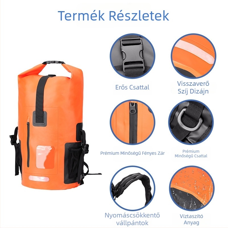 Kültéri vízálló hátizsák túrázáshoz és kempingezéshez, PVC anyag, vízálló szövet, 35L kapacitás, uniszex felnőtteknek