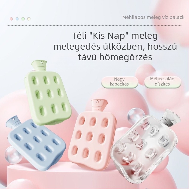 Vízfeltöltéses forróvíz-palack légpárnás melegítővel derék és has melegítésére, kezekhez és lábakhoz; biztonságos és robbanásbiztos.