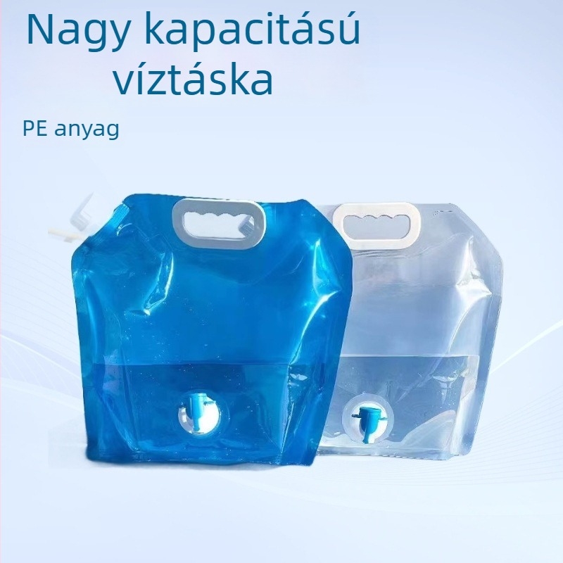 Összecsukható, hordozható víztáska kültéri kempingezéshez, PE műanyagból, nagy kapacitású, beépített csappal