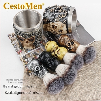 CestoMen Koponya mintázatú habosító tál ecsetkészlet borotválkozáshoz – 50 ml, ecset bajusz és arc számára, mindennapi használatra