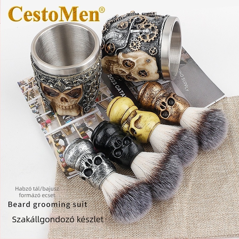 CestoMen Koponya mintázatú habosító tál ecsetkészlet borotválkozáshoz – 50 ml, ecset bajusz és arc számára, mindennapi használatra