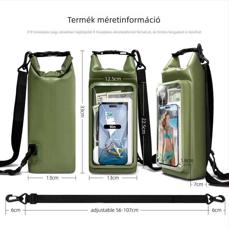 Kültéri PVC vízálló táska strandhoz keresztpánttal, kétfunkciós, 2 literes űrtartalom, telefontartó zsebbel, úszáshoz és raftinghoz