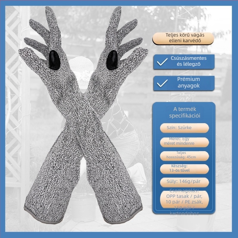 HPPE vágásálló kesztyű hosszabb csuklóval, csúszásmentes, olajálló, lélegző, hőálló az üvegipari feldolgozás és biztonság számára.