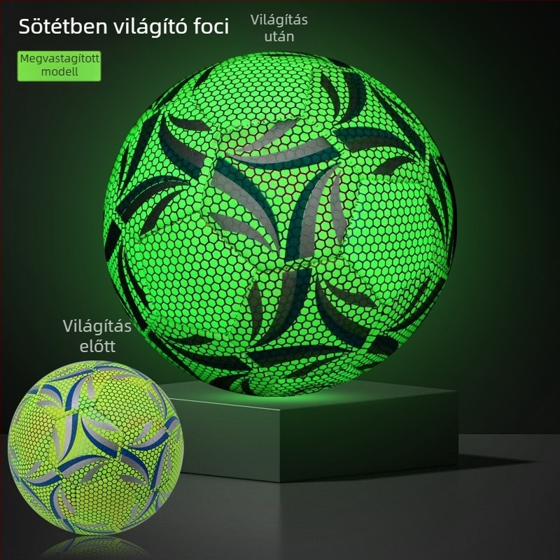 Sötétben világító futball-labda, felnőtt méret 5 – standard modell; gyermekek/diákok/fiatalok számára méret 4; gépi varrással készült, tartós edzéslabda