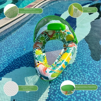 Kültéri felfújható napozóágy medencéhez felnőtteknek, vastag PVC, árnyékolóval, mintázat vízcseppek és levelek, felfújható úszó deszka