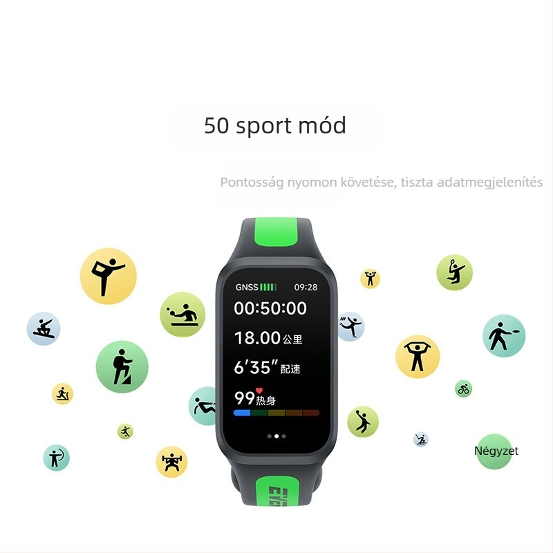 Okos fitnessz karkötő (AMOLED kijelző; pulzusmérés; mindennapi vízállóság; szilikon szíj; akkumulátor élettartam kevesebb mint 7 nap)