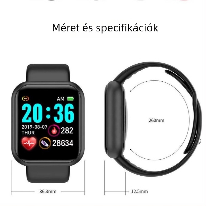 Bluetoothos okosóra tiniknek, lépésszámláló, pulzusmérés, vérnyomásmérés, alvásfigyelés és oxigénszint-mérés, szilikon csuklópánt, műanyag tokozás
