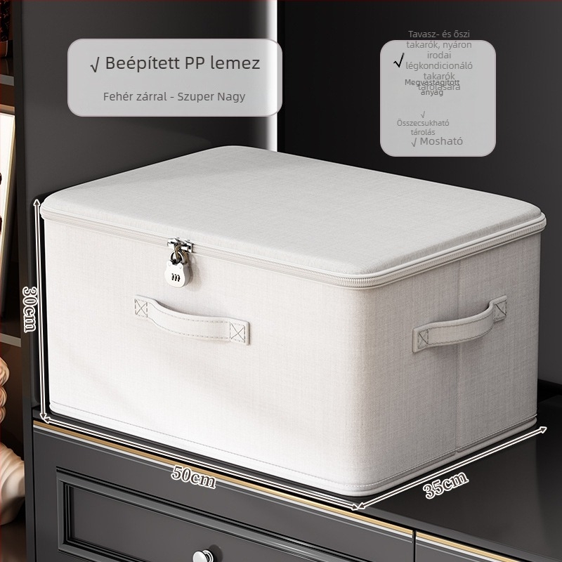 Összecsukható ruhatároló doboz fedővel, textil anyag, 40–50 liter kapacitás, hordozható