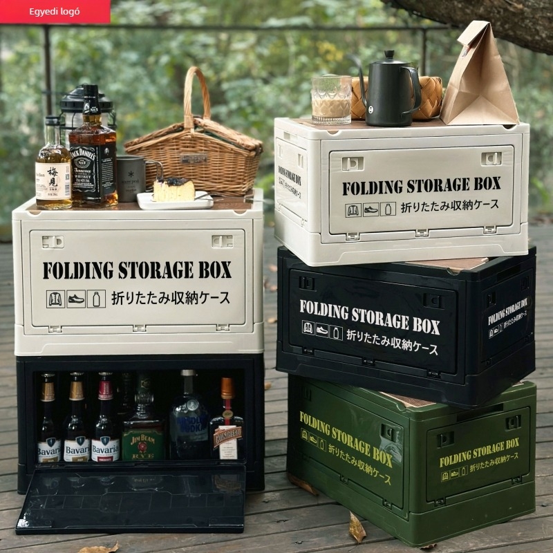 Kültéri tároló doboz - öt ajtós, oldalsó ajtóval, összecsukható, fa fedél, PP műanyag, 55 literes kapacitás