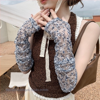 Nyári csipkés napvédő ujjvédők nőknek, hűsítő, virágmintás, UV védelem, egyenes szabású, poliészter