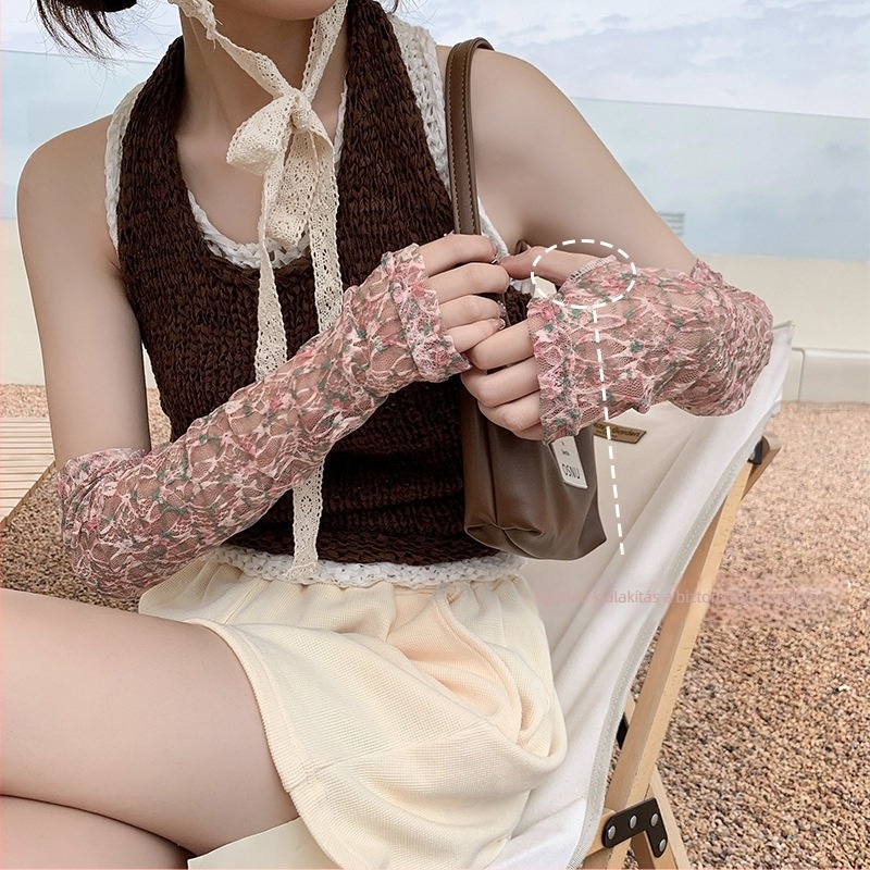 Nyári csipkés napvédő ujjvédők nőknek, hűsítő, virágmintás, UV védelem, egyenes szabású, poliészter