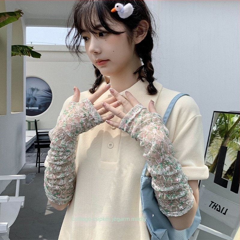 Nyári csipkés napvédő ujjvédők nőknek, hűsítő, virágmintás, UV védelem, egyenes szabású, poliészter