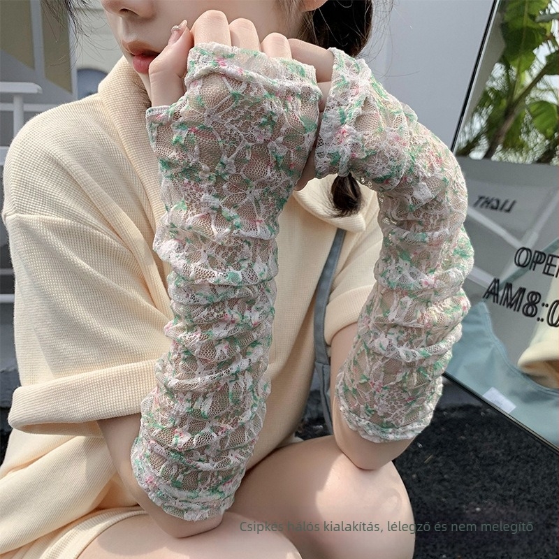 Nyári csipkés napvédő ujjvédők nőknek, hűsítő, virágmintás, UV védelem, egyenes szabású, poliészter