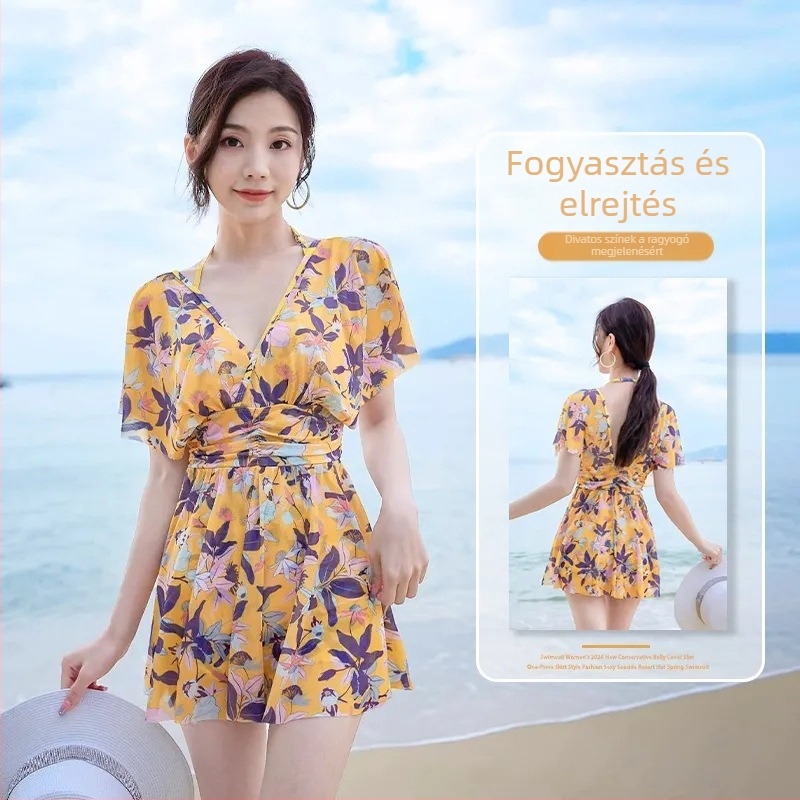 Ao Jiao Női virágos tej-selyem anyagú egyrészes fürdőruha, rövid ujjú, 80% poliészter