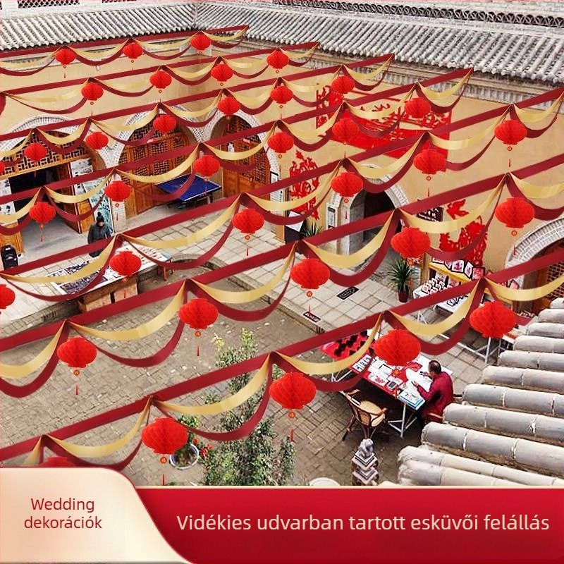 Esküvői udvari dekorációs készlet lámpásokkal, girlandokkal és szalagokkal – műanyagból