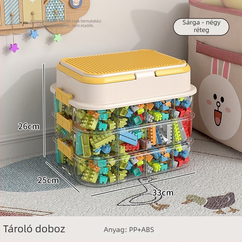 Játékok tároló doboz építőelemes rendszerezővel, apró alkatrészek rendezéséhez — műanyag felépítés, testreszabható logó, modern minimalista stílus