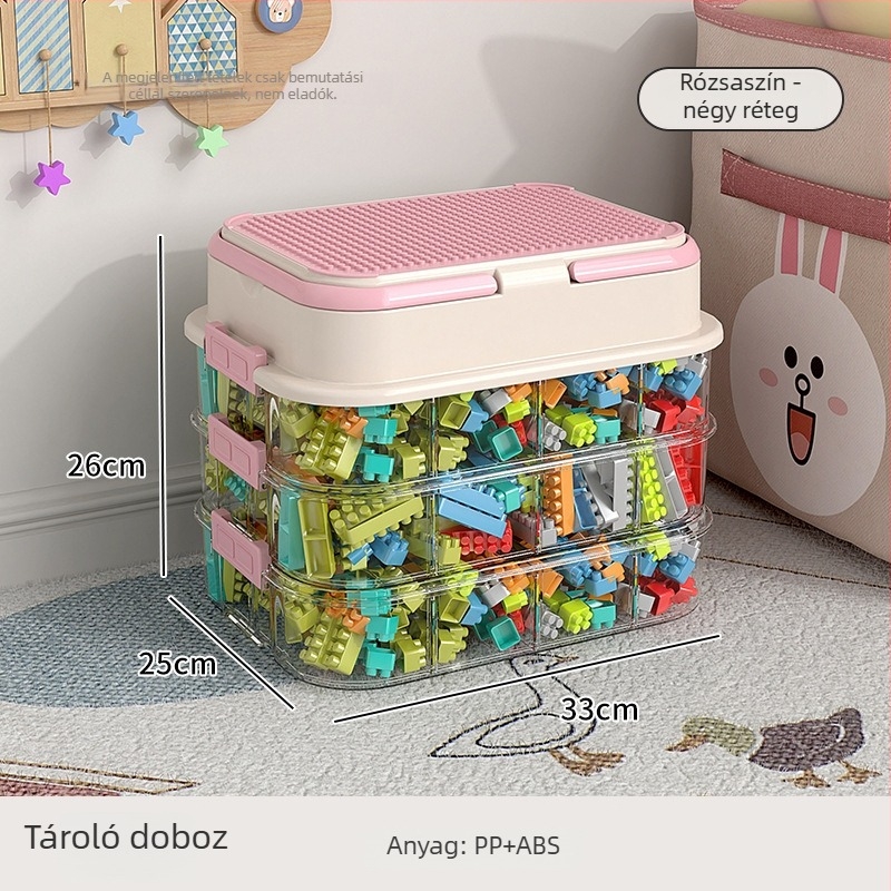 Játékok tároló doboz építőelemes rendszerezővel, apró alkatrészek rendezéséhez — műanyag felépítés, testreszabható logó, modern minimalista stílus