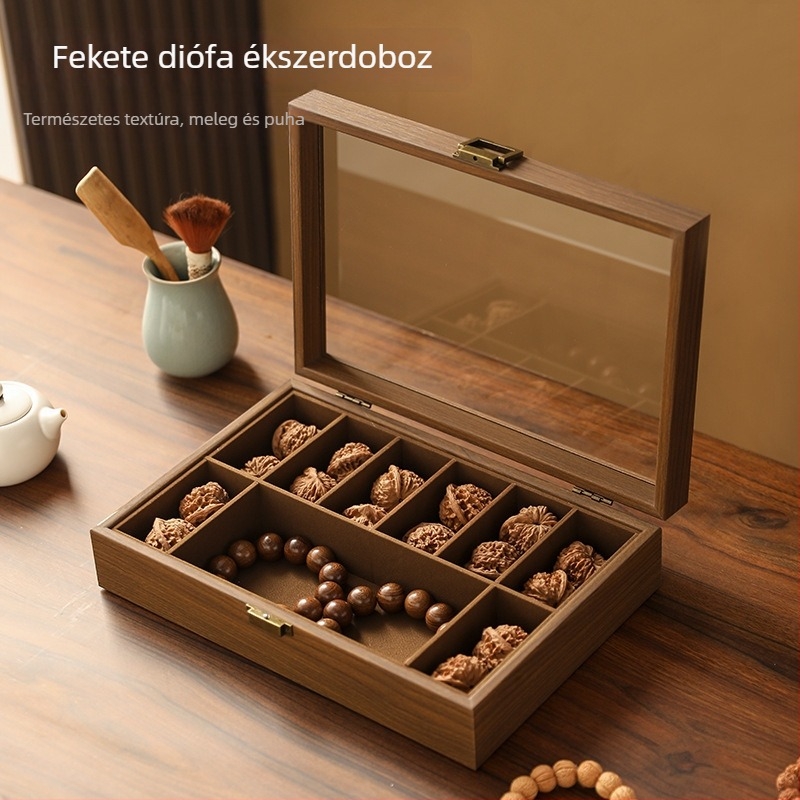 Asztali ékszerdoboz diófa erezetével, oroszlánfej dizájn, porvédett kijelző, két rekesz