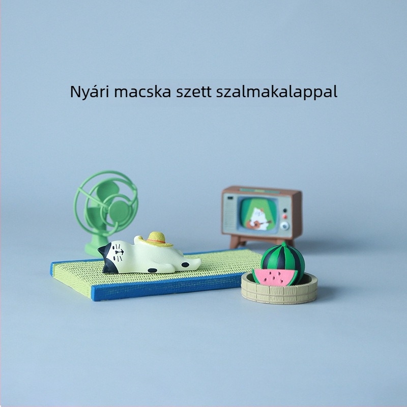 Japán stílusú macska dinnyés ventilátoros asztali díszfigura, szintetikus gyantából, PP csomagolásban