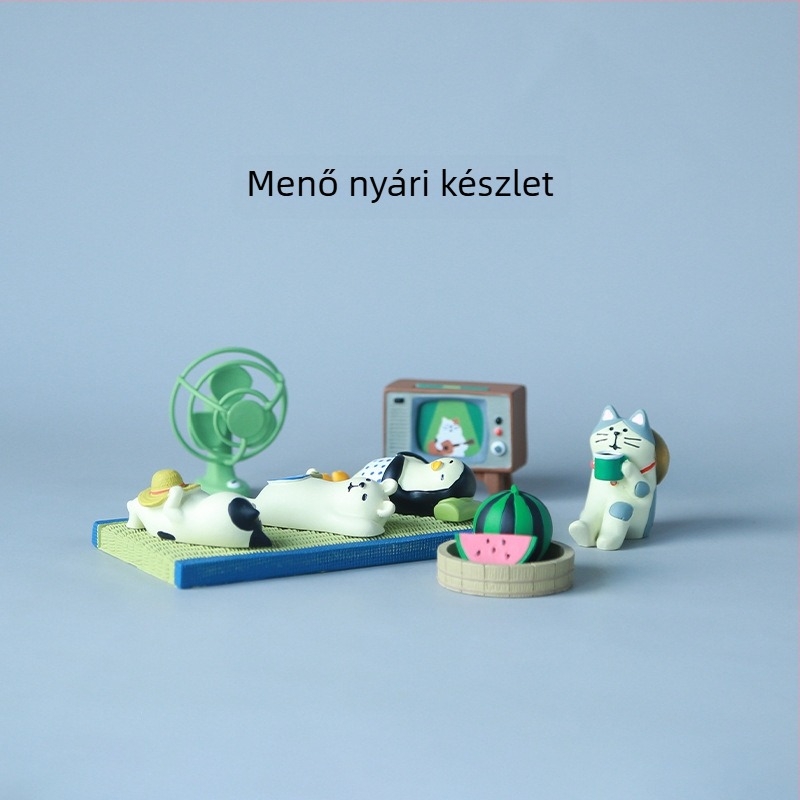 Japán stílusú macska dinnyés ventilátoros asztali díszfigura, szintetikus gyantából, PP csomagolásban