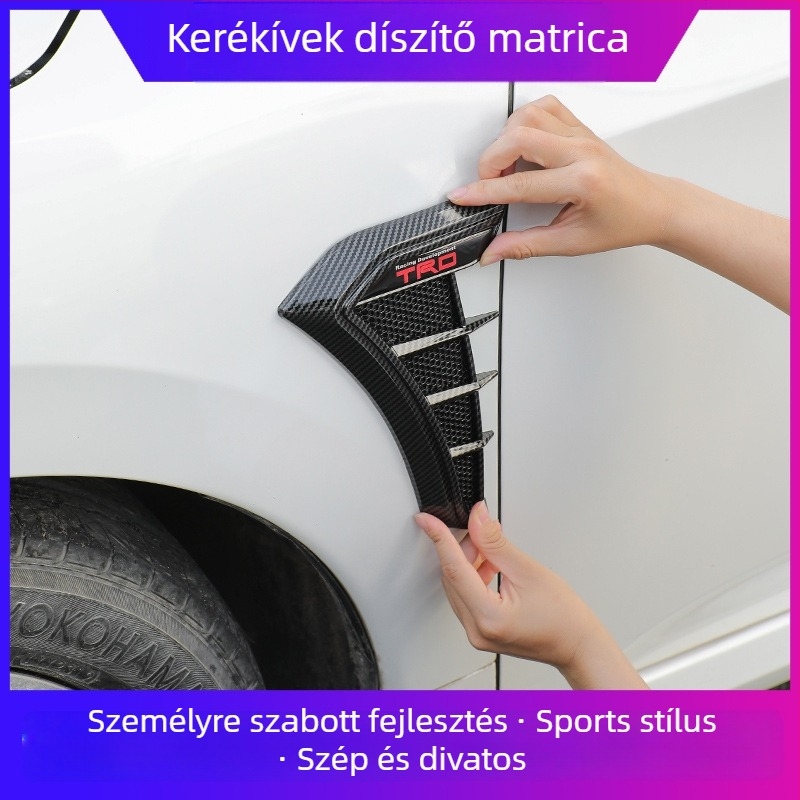 Autó karosszéria matricza imitációs szénszálból, univerzális oldalsó szárny, cápa motívum, légkivezető és oldalsó logó dekoráció