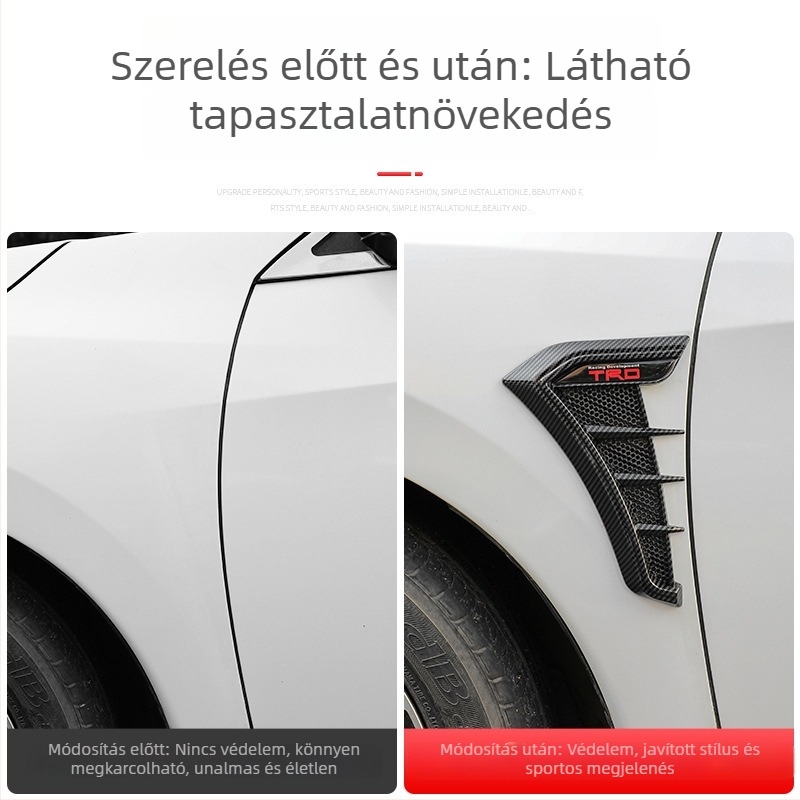 Autó karosszéria matricza imitációs szénszálból, univerzális oldalsó szárny, cápa motívum, légkivezető és oldalsó logó dekoráció