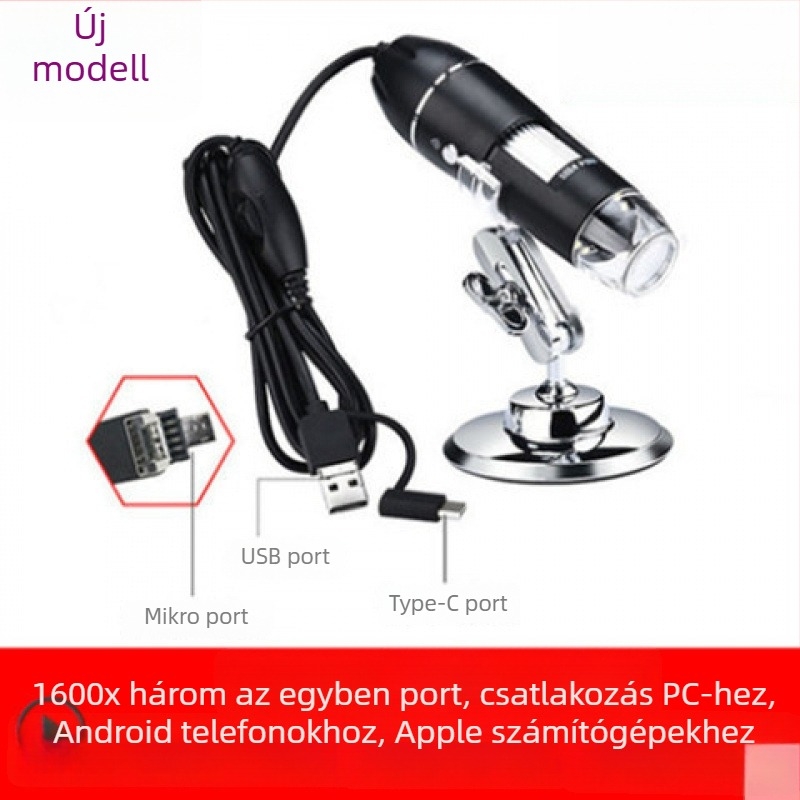 USB digitális mikroszkóp 1600x nagyítással bőr- és szőrtüsző-elemzéséhez — Okostelefonnal kompatibilis, kiváló felbontású képek