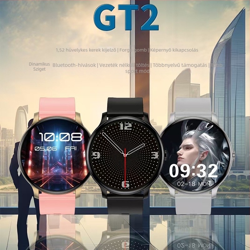 GT2 Körkörös TFT kijelzős okosóra, szívritmus- és SpO2-monitorozás, NFC, Bluetooth hívások és vezeték nélküli töltés