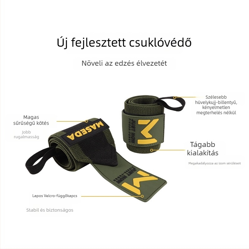 Csuklóvédő szíj – Univerzális illeszkedés; Anyagok: poliészter/nylon/természetes latex fonal; Alkalmas súlyemelésre, futásra, fitneszre és fekvenyomásra; Testreszabható