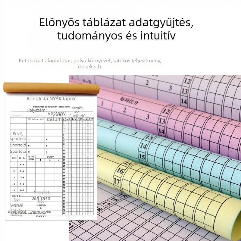 Pontozó tábla cserekártyával és taktikátáblával kosárlabdára, futballra, tollaslabdára és asztaliteniszre; papíralapú, 500 lap, logónyomtatás elérhető, testreszabás