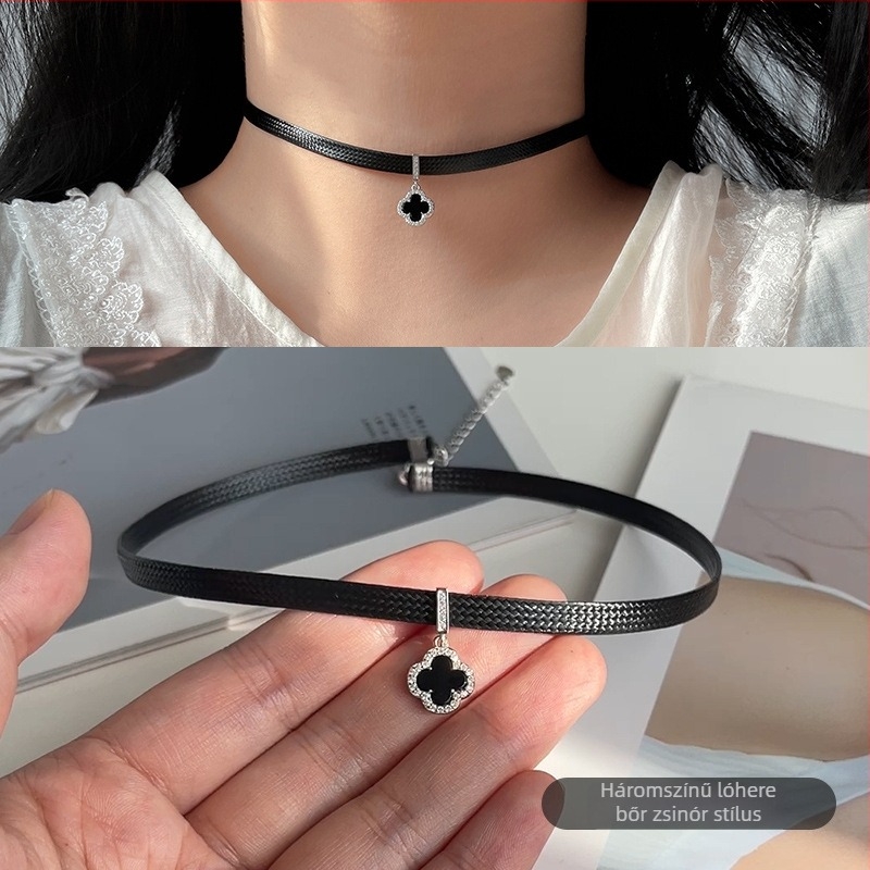 925-ös ezüst négylevelű lóhere choker nyaklánc, fekete pánttal, japán-koreai stílus, uniszex