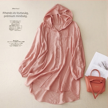 Női kapucnis, hosszú ujjú napvédő ing, pamut-len keverék kenderrrel, nyári laza kardigán