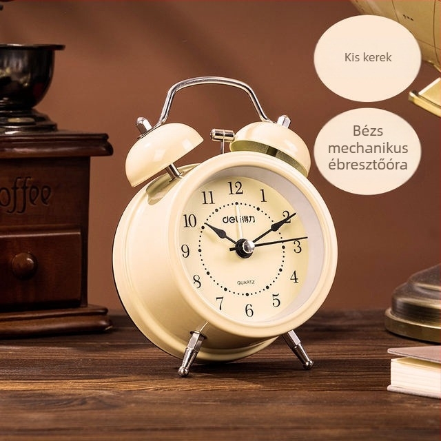 Deli 9024 Ébresztőóra: világító mutatók, csendes működés; analóg kijelző számokkal, mechanikus mozgás, elemről működik