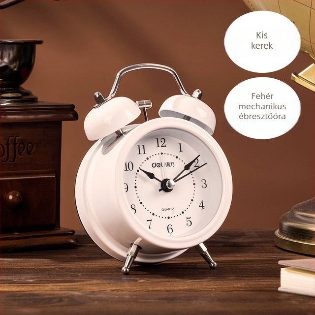 Deli 9024 Ébresztőóra: világító mutatók, csendes működés; analóg kijelző számokkal, mechanikus mozgás, elemről működik