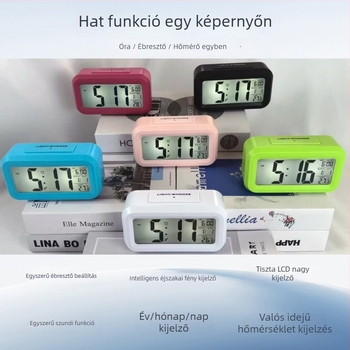 Asztali óra digitális LCD kijelzővel, fénylő háttérvilágítással, ébresztő és naptár (hét napjai, holdfázis, hónap)
