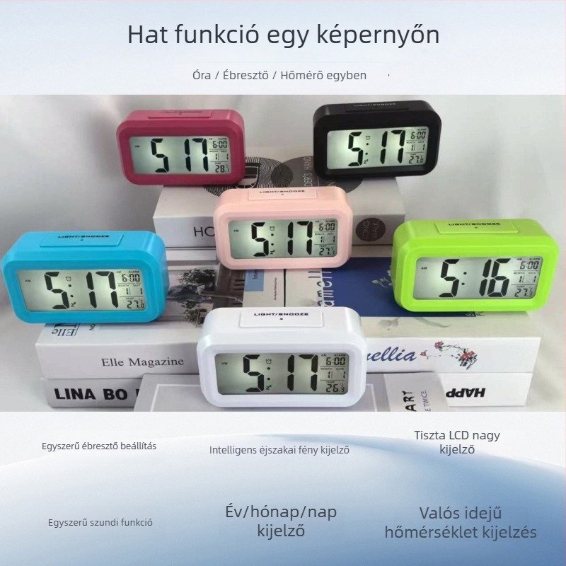Asztali óra digitális LCD kijelzővel, fénylő háttérvilágítással, ébresztő és naptár (hét napjai, holdfázis, hónap)